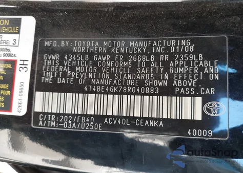 2008 Toyota Camry Le from USA, damaged, VIN 4T4BE46K78R040883